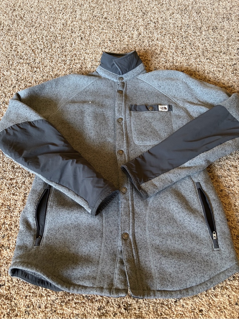 The North Face Gray Fleece Button-Front Jacket with Black Sleeve Panels